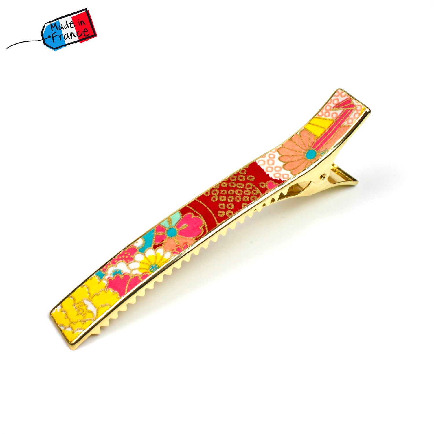 Grande pince cheveux crocodile avec papier japonais washi décor floral multicolore