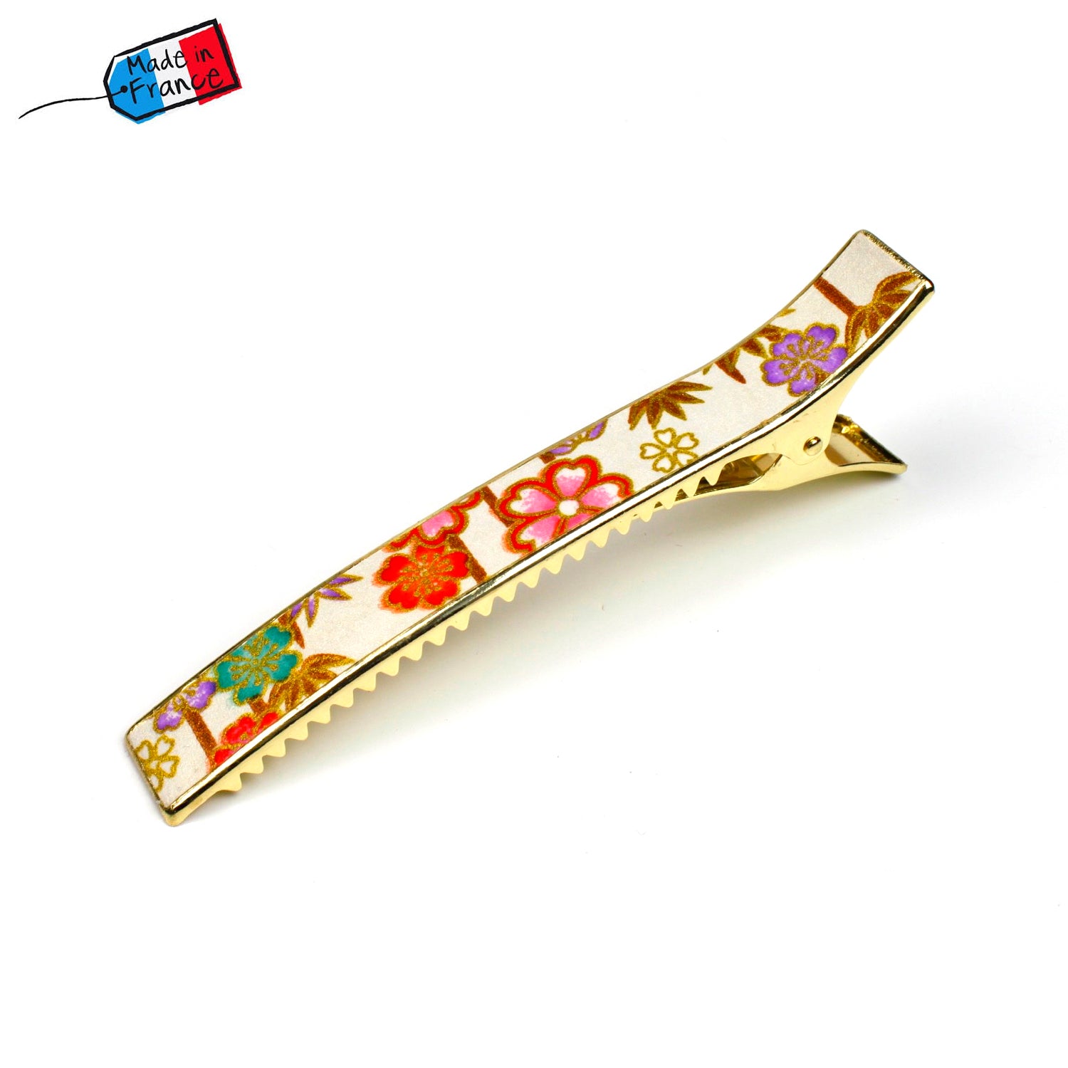 Grande pince cheveux crocodile avec papier japonais washi décor floral sur fond blanc