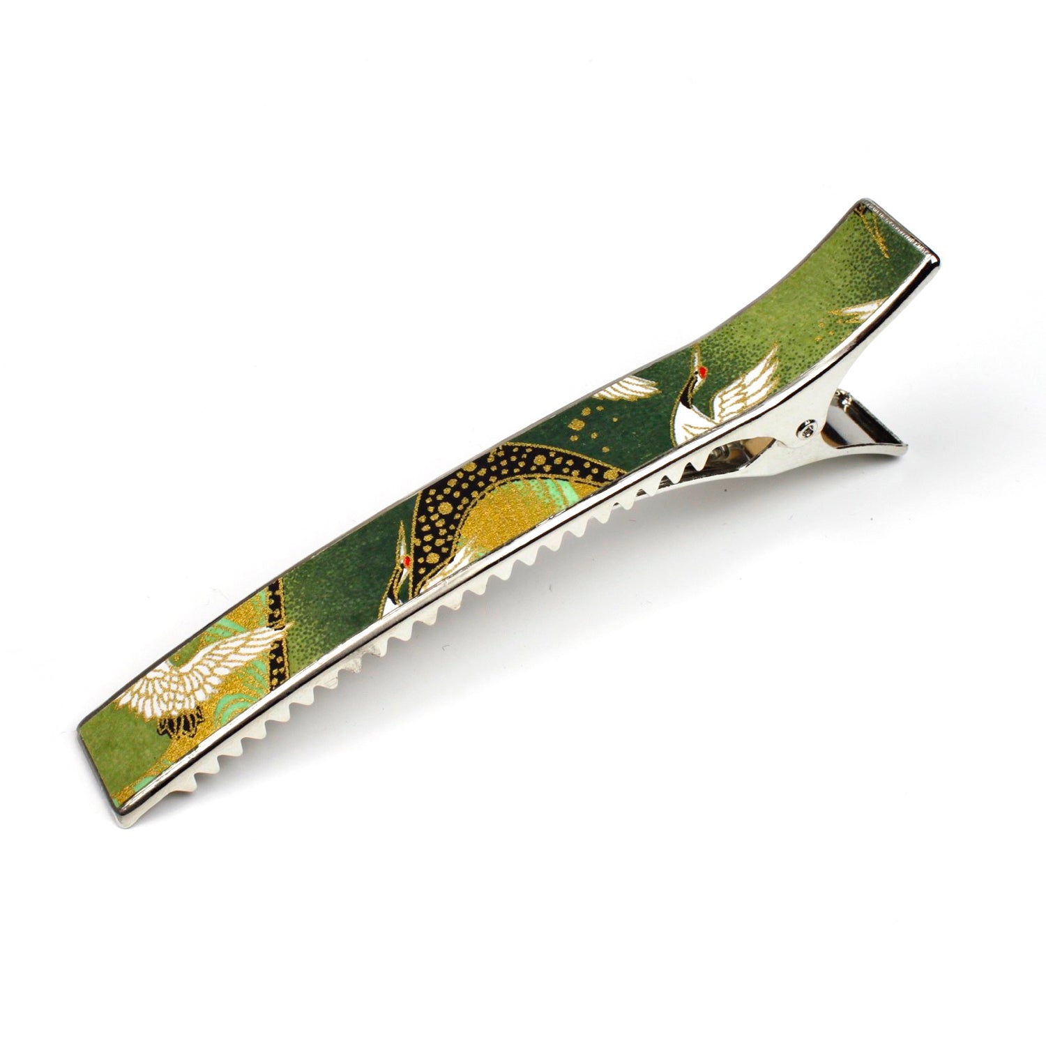 Grande pince cheveux crocodile 12.3cm papier japonais washi décor grue sur fond vert