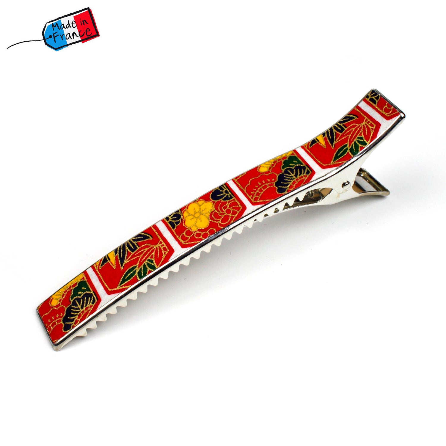 Grande pince cheveux longue crocodile 12.3cm papier japonais washi décor floral sur fond rouge