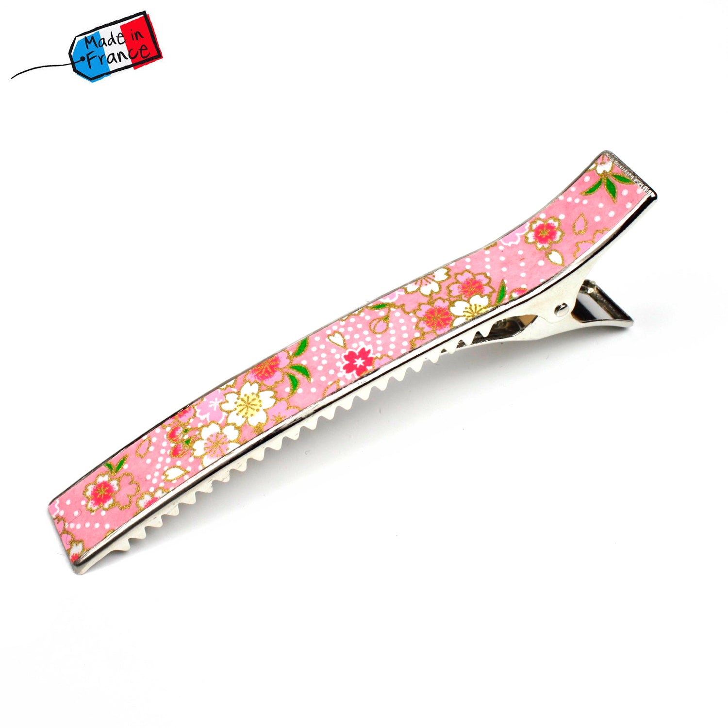 Grande pince à cheveux crocodile 12,3 cm à motif fleurs de cerisier rose made in France