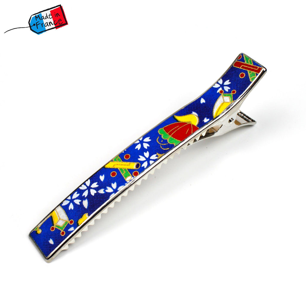 Grande pince cheveux crocodile 12.3cm papier japonais washi décor floral sur fond bleu