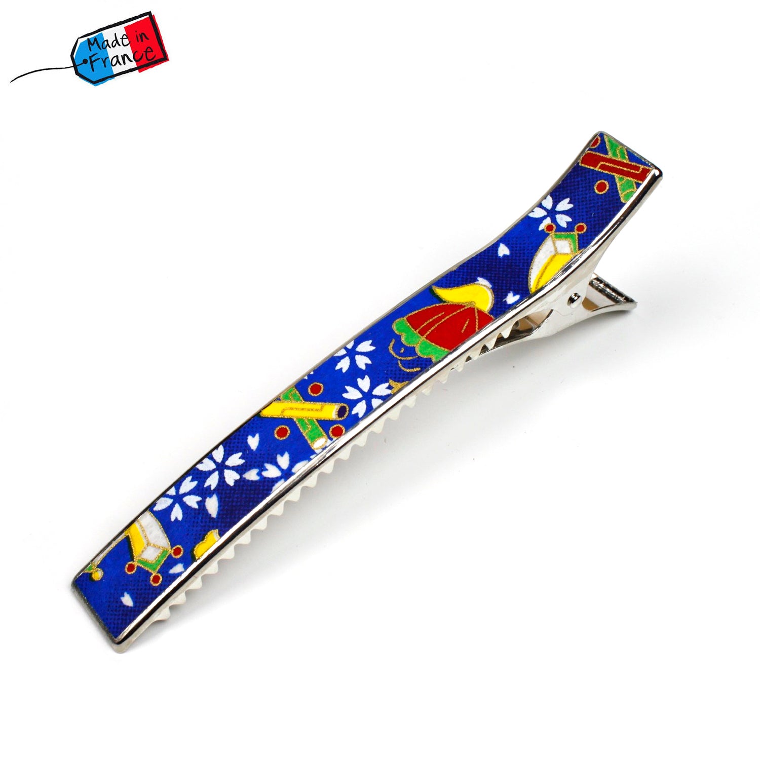 Grande pince cheveux crocodile 12.3cm papier japonais washi décor floral sur fond bleu