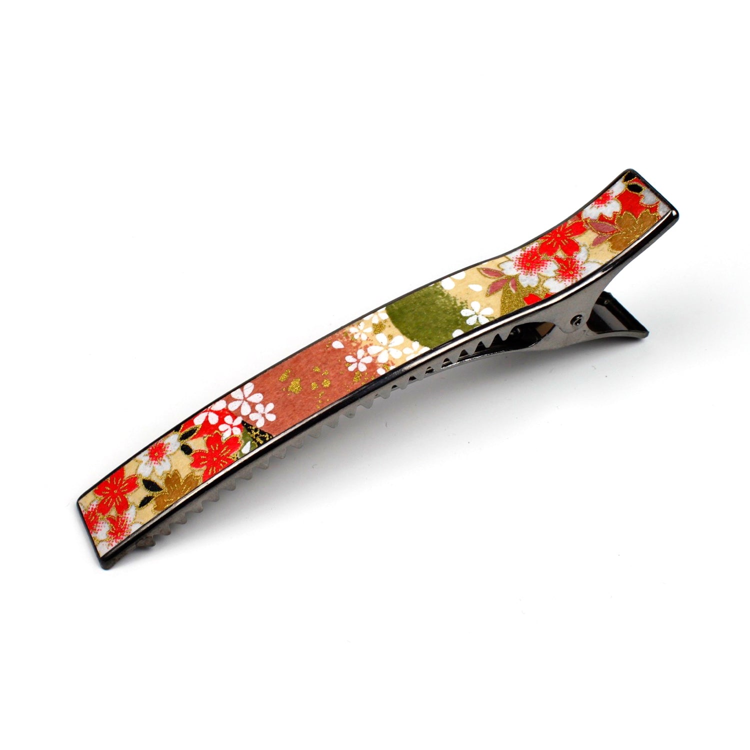 Grande pince à cheveux crocodile 12,3 cm à motif fleurs de cerisier vert orangé made in France