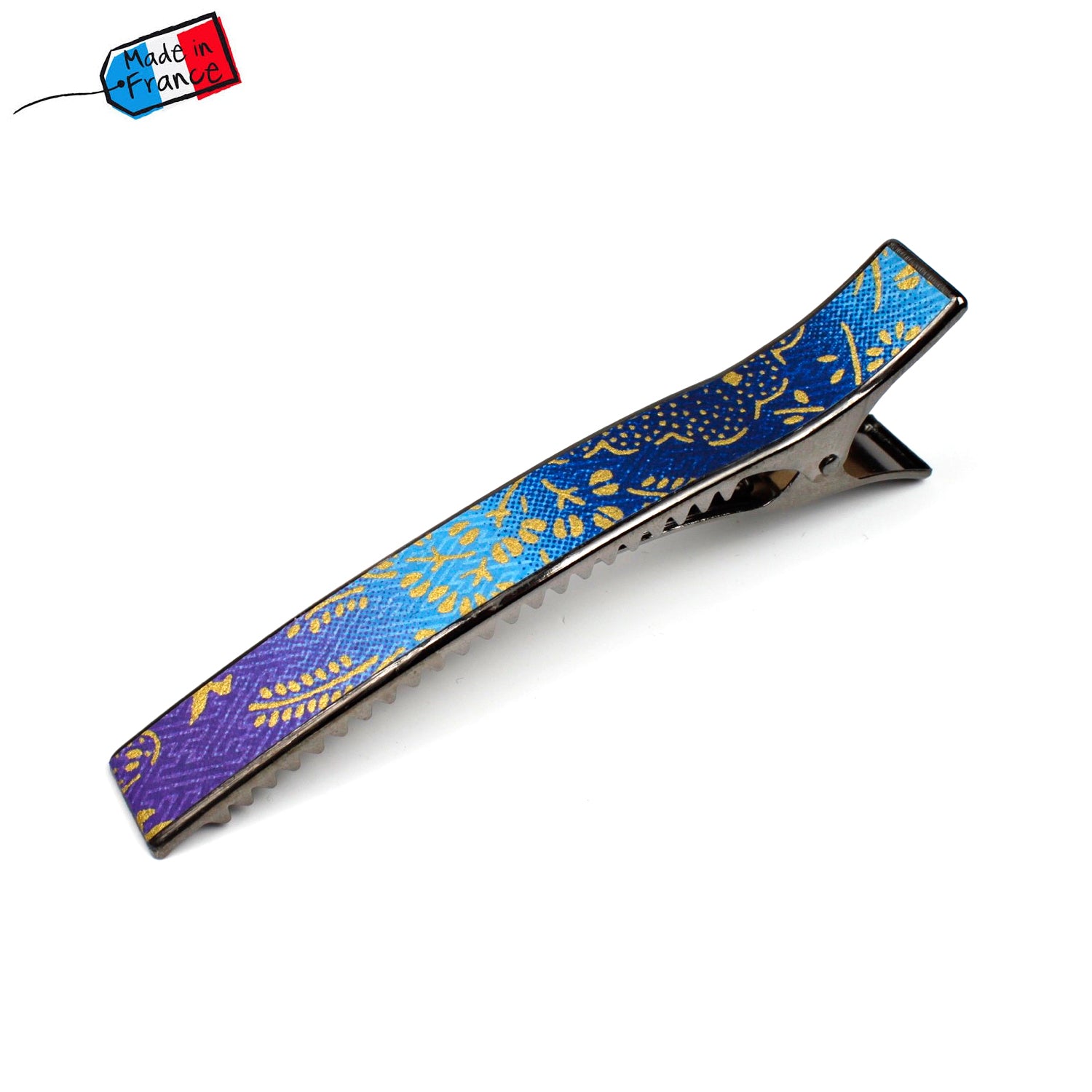 Grande pince cheveux crocodile 12.3cm papier japonais washi décor floral sur fond bleu