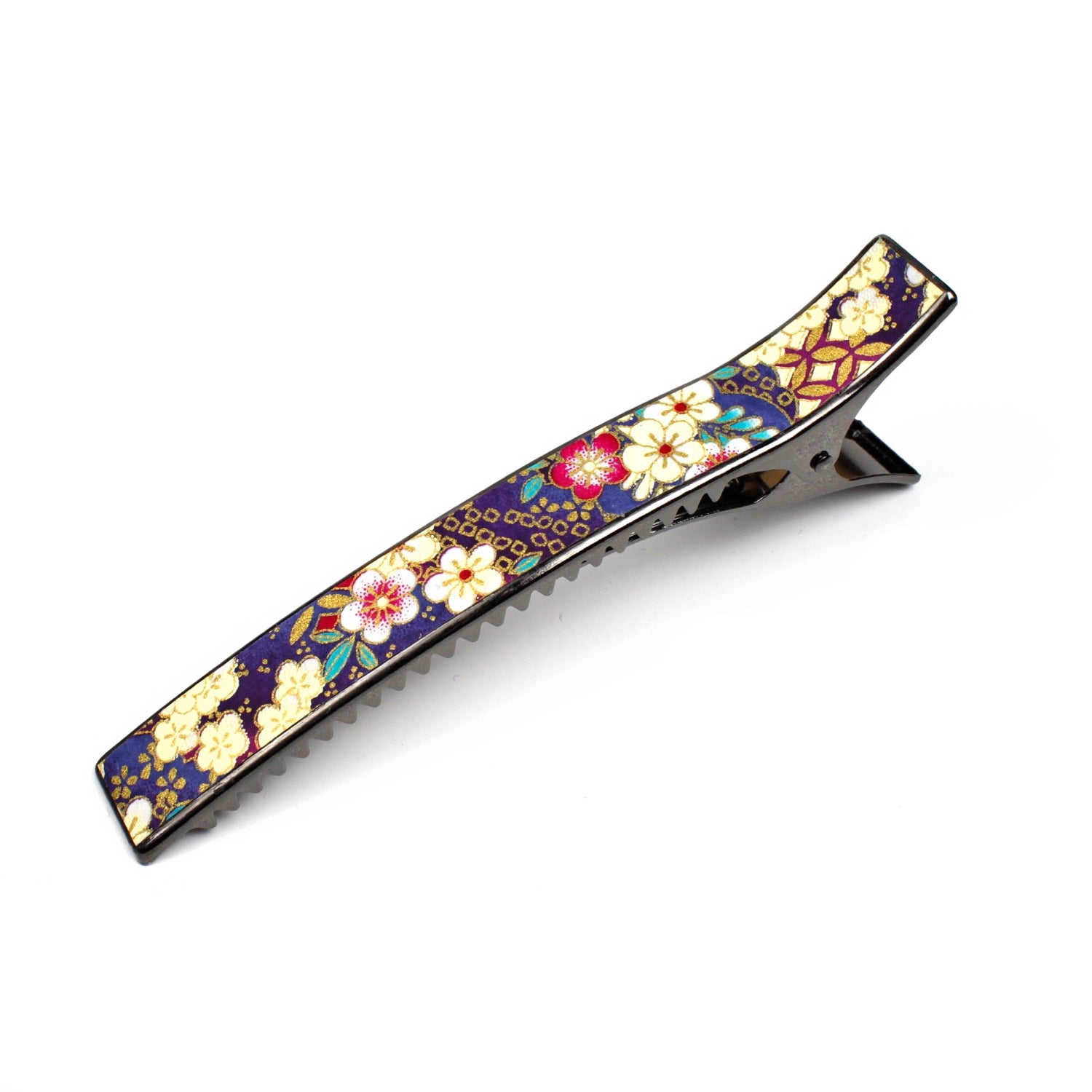 Grande pince à cheveux crocodile 12,3 cm à motif fleurs de cerisier violet made in France