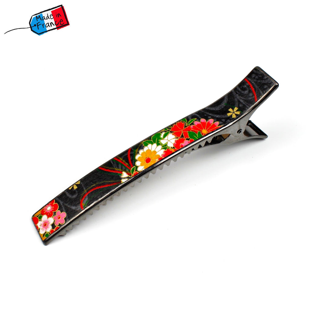 Grande pince cheveux crocodile 12.3cm papier japonais washi décor floral sur fond noir