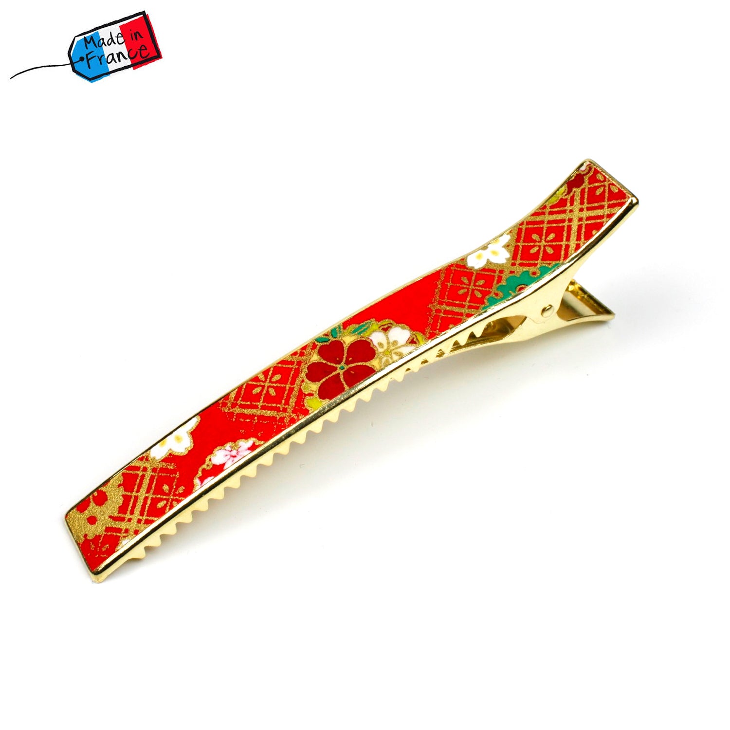 Grande pince barrette cheveux crocodile avec papier japonais washi décor floral sur fond rouge