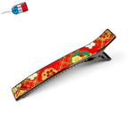 Grande pince barrette cheveux crocodile avec papier japonais washi décor floral sur fond rouge