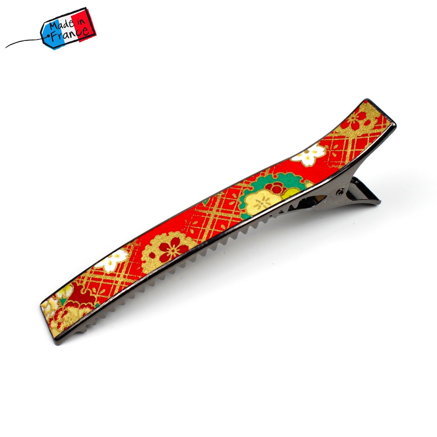 Grande pince barrette cheveux crocodile avec papier japonais washi décor floral sur fond rouge