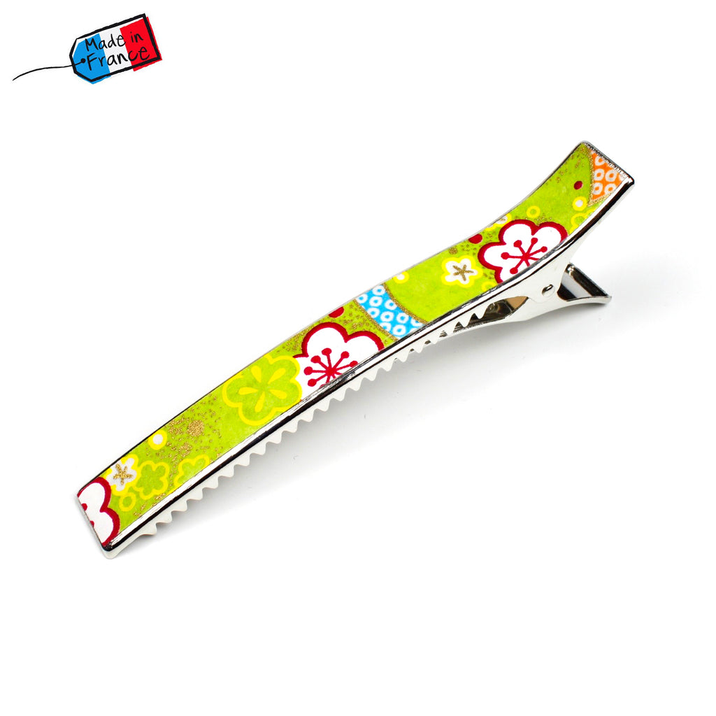 Grande pince cheveux crocodile 12.3cm papier japonais washi décor floral sur fond vert