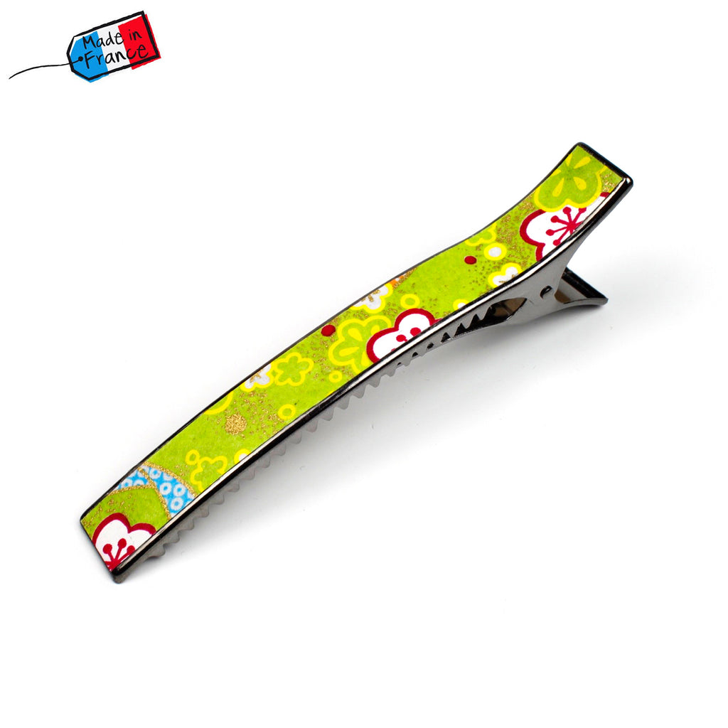 Grande pince cheveux crocodile 12.3cm papier japonais washi décor floral sur fond vert