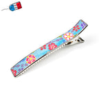Grande pince cheveux crocodile 12.3cm papier japonais washi décor floral sur fond bleu ciel