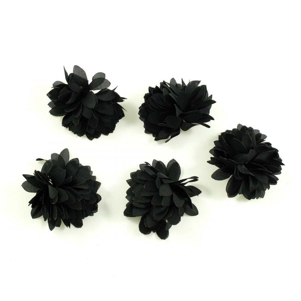 Lot de 5 petites fleurs en tissu satiné 4.5 cm cousues à la main - noir