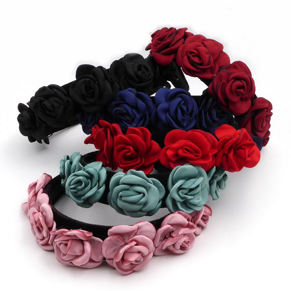 Serre-tête velours fleurs rose satin