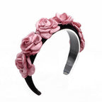 Serre-tête velours fleurs rose satin
