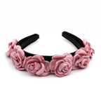 Serre-tête velours fleurs rose satin