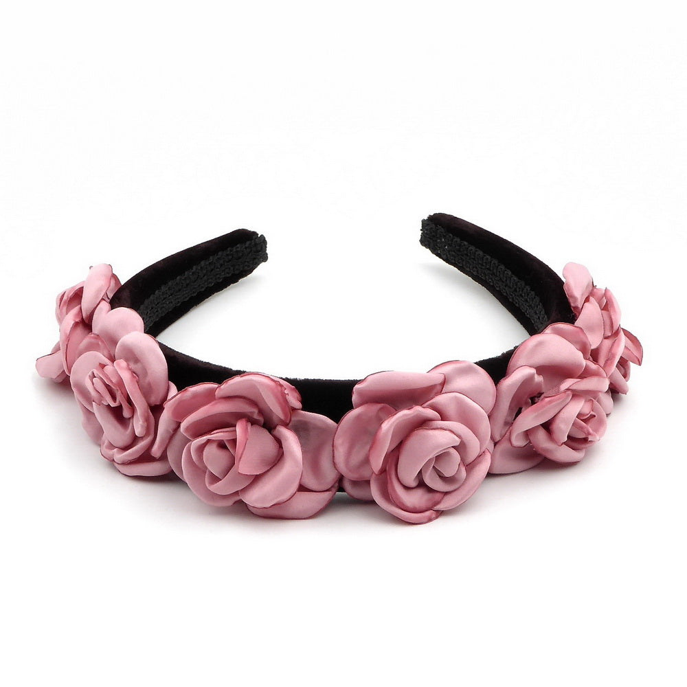 Serre-tête velours fleurs rose satin