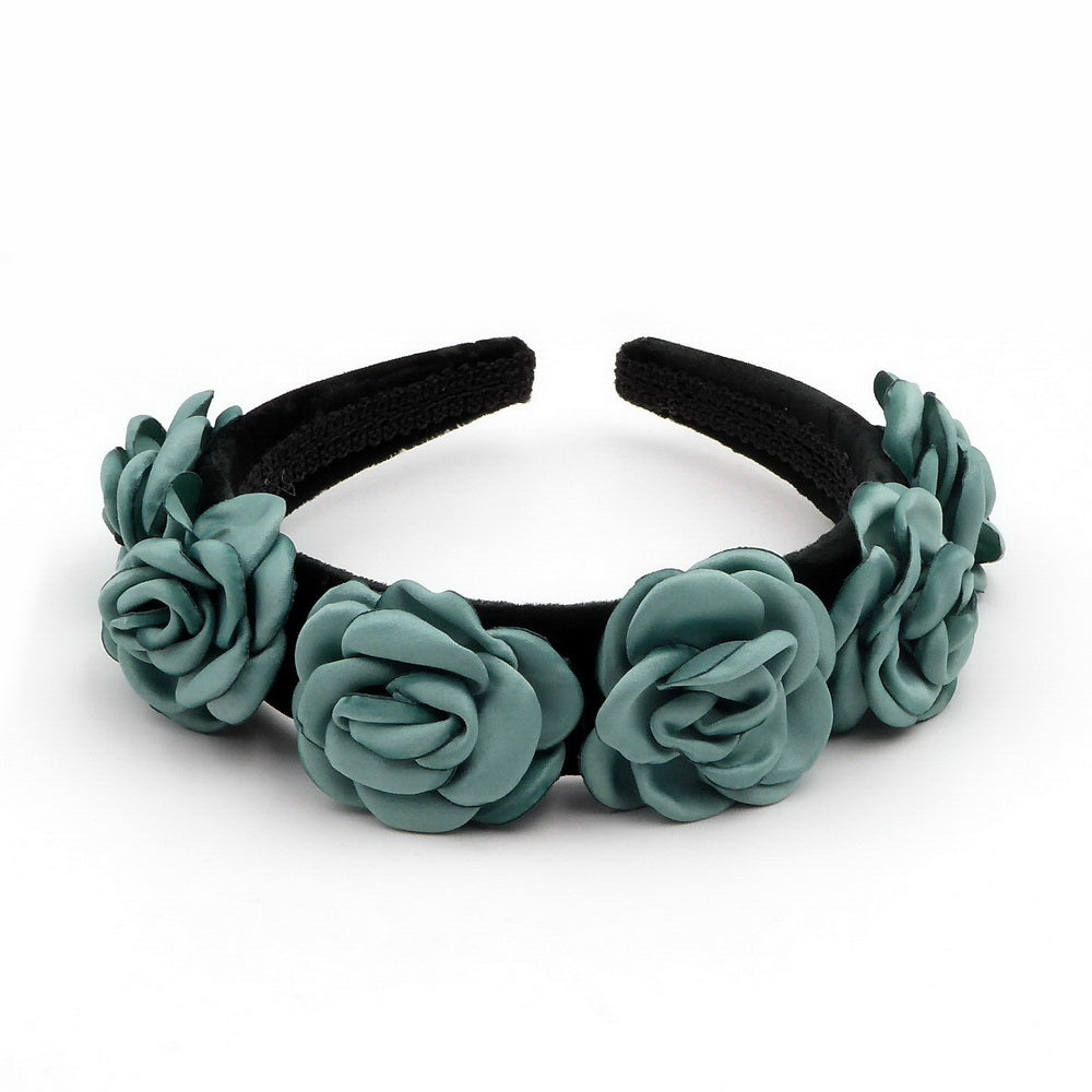 Serre-tête velours fleurs rose satin