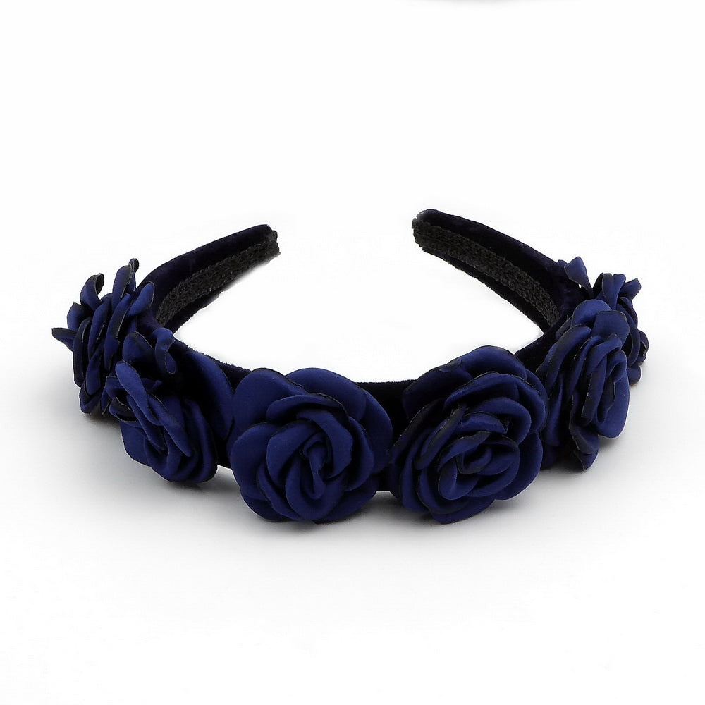Serre-tête velours fleurs rose satin
