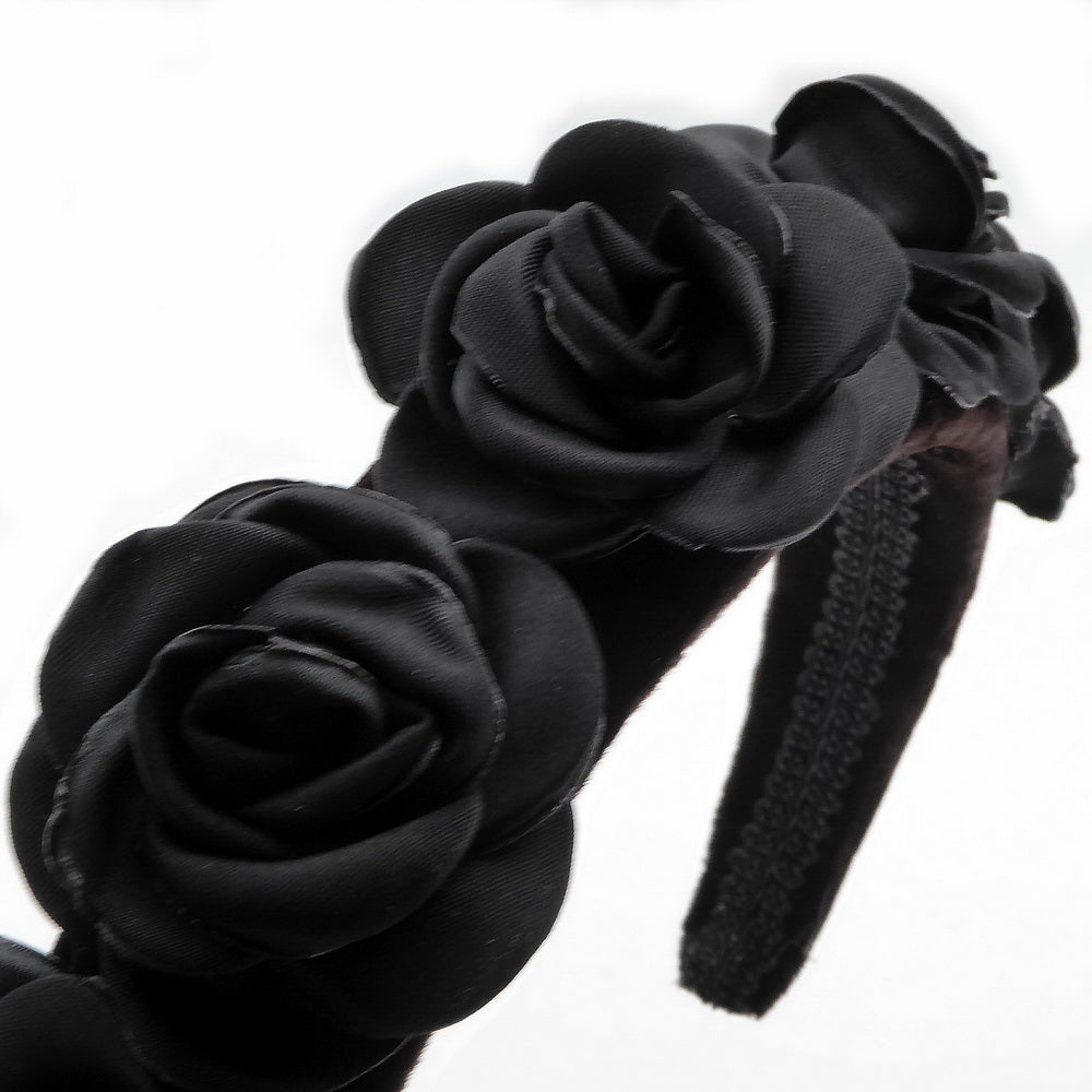 Serre-tête velours fleurs rose satin