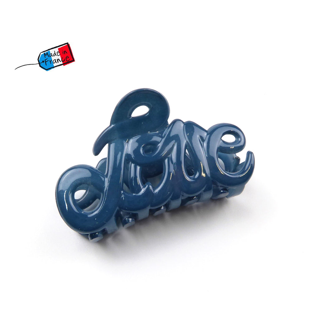 Petite pince cheveux "Love" Made in France 5.5cm en acétate de celluloïd - bleu jean