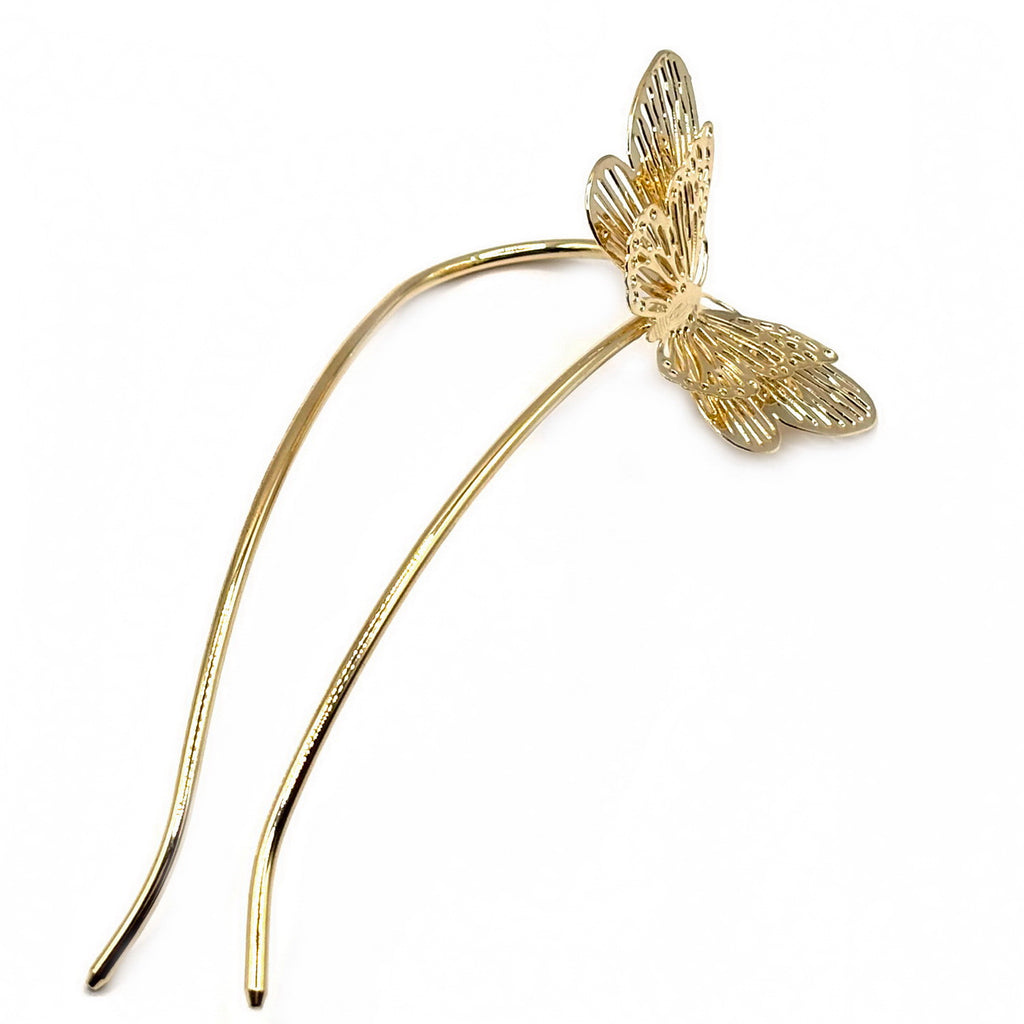 Pic à chignon double papillon filigrane doré 12cm