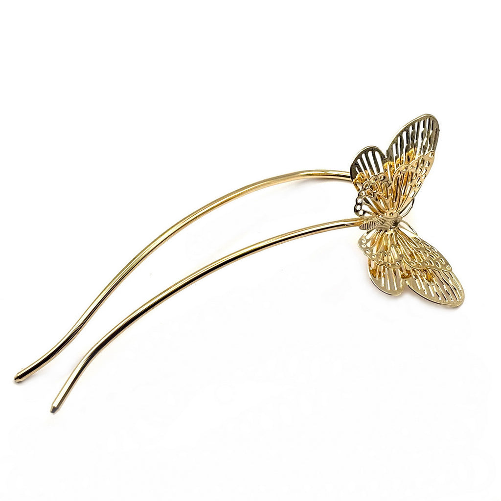 Pic à chignon double papillon filigrane 12cm – Doré 
