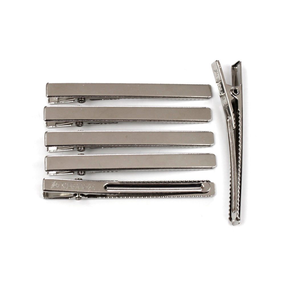 10 Pinces cheveux crocodile plat en métal 6cmx0.5cm argent